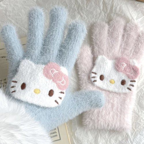 Zdjęcie Rękawiczki zimowe damskie Sanrio Fashion Cute Kitty, pluszowe, ciepłe, z pięcioma palcami, odporne na zimno, na zewnątrz, z motywem kreskówkowym.