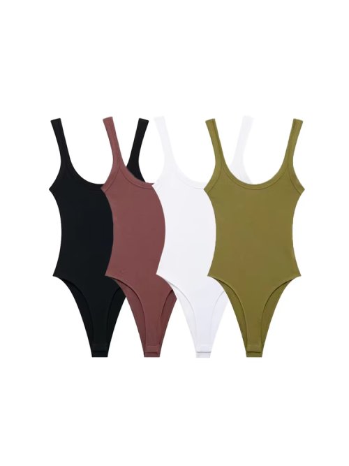 Bild von Schlanker gerippter Body für Damen mit O-Ausschnitt, Trägern und Druckknöpfen – Sexy Weiblicher PlaySuit im Modetrend