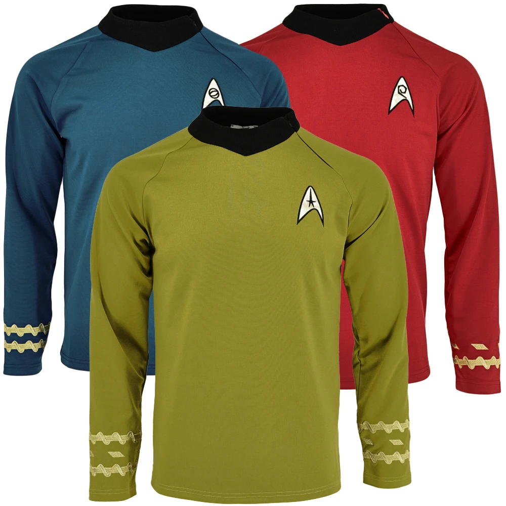 Imagen de Disfraz de Halloween Star Trek Clásico: Uniforme de Capitán Kirk con Camisa Dorada, Traje de Spock Azul y Top Rojo de la Flota Estelar para Hombre – Accesorio Perfecto para Cosplay y Fiestas Temáticas