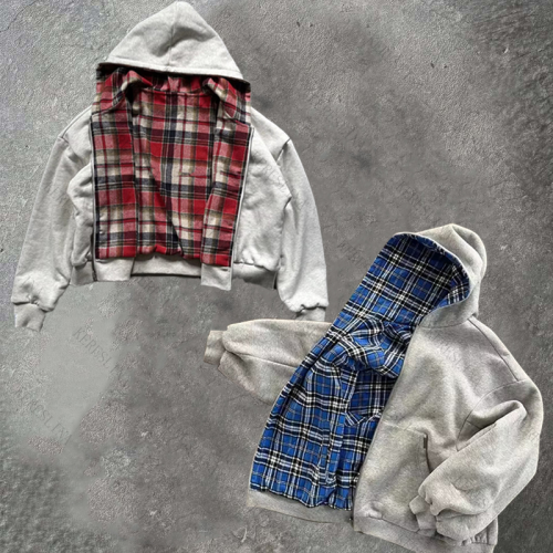 Image of Unisex Hip Hop Streetwear Plaid Cardigan Hoodie Jacket – Retro American Fashion Two-Piece Set for Men and Women