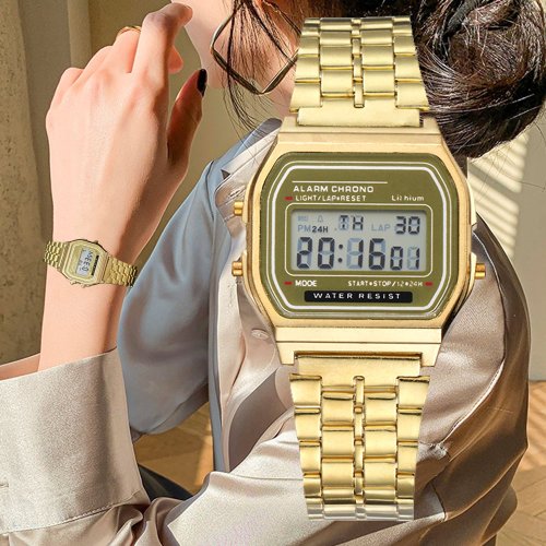 Reloj Digital elegante para mujer, relojes de pulsera electrónicos de acero inoxidable dorado y plateado para mujer, reloj para hombre Zegarek Damski