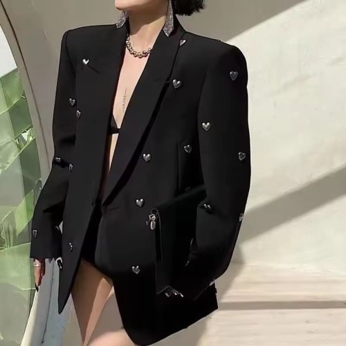 Imagen de 2025 moda industria pesada solapa Blazer mujer primavera otoño Casual coreano señoras traje de oficina abrigo temperamento mujeres Tops negros