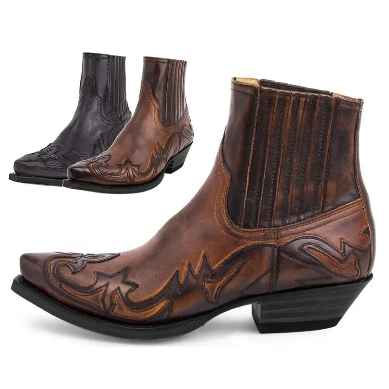 Afbeelding van Stijlvolle Western Cowboy Laarzen voor Mannen en Vrouwen – Unisex Lederen Enkellaarsjes met Borduurontwerp, Puntige Schoenen in Maat 35 tot 48