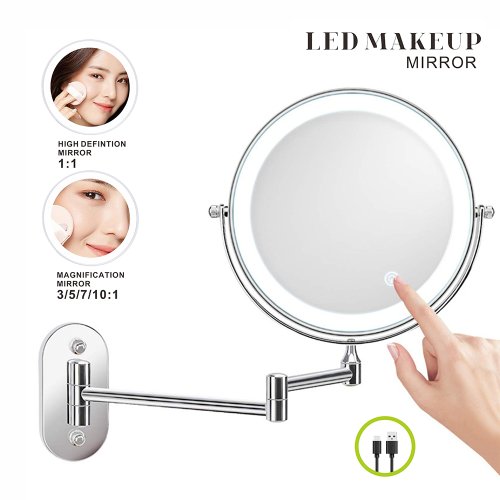 Image of 8-Inch Smart LED Makeup Mirror with 3X, 5X, 7X, and 10X Magnification, Dual-Sided Design, USB Charging, Three-Color Lighting for Bathroom Vanity Use