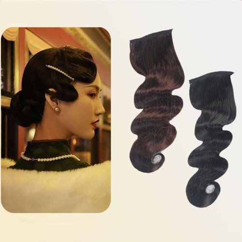 Image of Natural-Looking Vintage Wavy Wig with Bangs and Headband – Long Curly Hair Extension for Women, Space Bun Style, Daily Wear