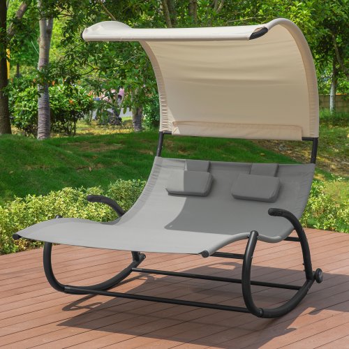 Zdjęcie Łóżko bujane SoBuy OGS50-HG dla 2 osób, ergonomiczne łóżko do kąpieli z daszkiem i 2 zagłówkami, na kółkach, do ogrodu, na taras.