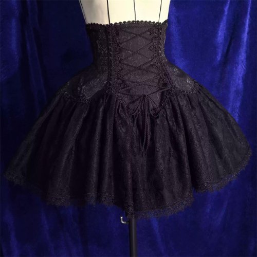 Image of 2025 Lolita Subculture Black White Short SK Lace Skirt High Waist Lace Up Girls Birthday Gothic Victorian Cosplay Party Skirts
