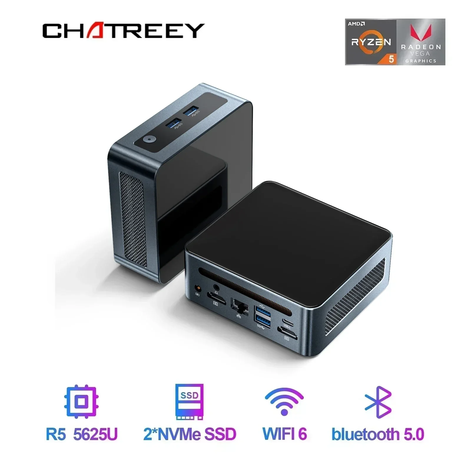 Immagine di Mini PC Potente con Processore AMD Ryzen 5 5625U e Radeon Vega, SSD NVMe, Wi-Fi 6, Scheda Grafica Integrata, Windows 11 Pro per Gaming e Ufficio