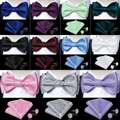 Bild von Elegante Seidenfliege mit Paisley-Muster, Einstecktuch und Manschettenknöpfen – Komplettes Herren-Accessoire-Set für Hochzeit, Abschlussball und Smoking-Anlässe