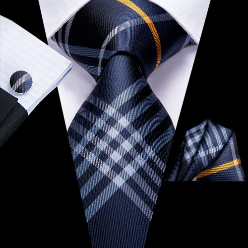Imagen de Hi-Tie-corbata de boda de seda de diseñador para hombre, conjunto de gemelos prácticos a cuadros azu...