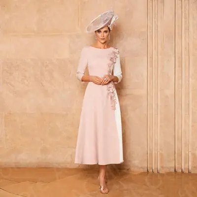 Image de Robe Rose Pâle Maman de Marié - Longueur Thé, Manches 3/4