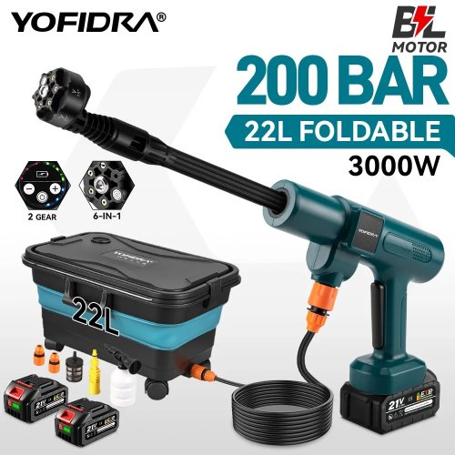 Hidrolavadora de Alta Presión Yofidra de 200 Bares con Pistola de Agua Eléctrica para Lavado de Autos, Jardín y Limpieza General - Compatible con Batería Makita de 21 V