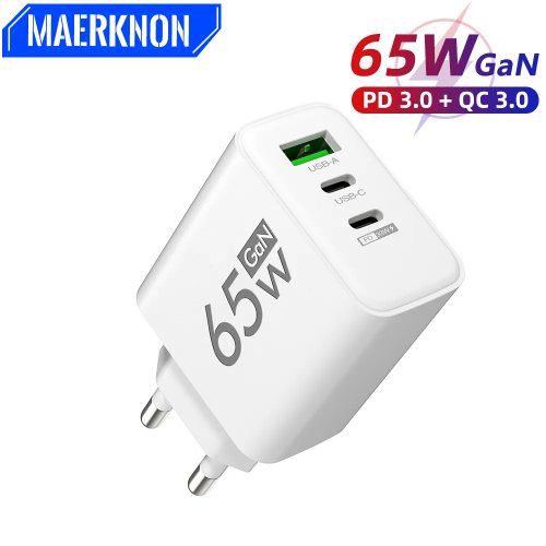 Afbeelding van 65W USB-C Snelle Oplader met 3 Poorten - GAN Technologie voor iPhone 15, 14, Samsung, Xiaomi en Andere Smartphones