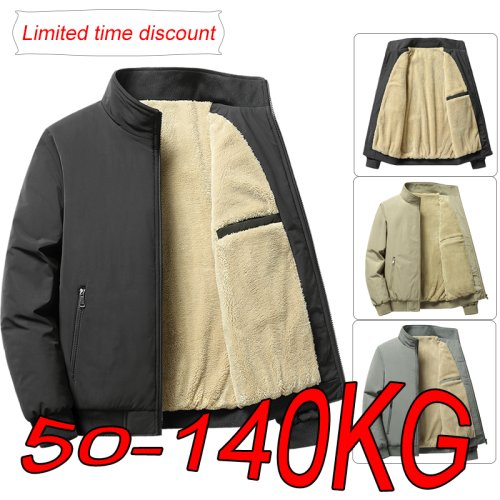 Image of Men's Plus Size Velvet Winter Jacket - Thick Warm Stand-Up Collar Cardigan for Middle-Aged and Elderly, Casual Business Style