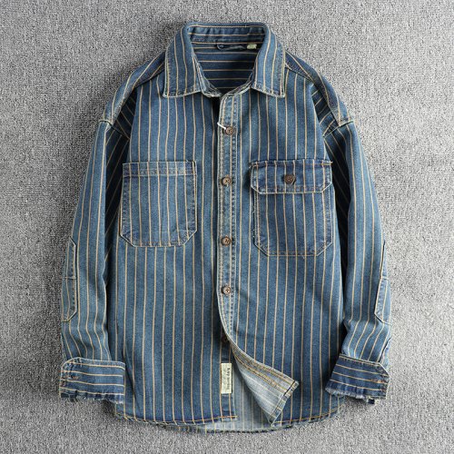Image of Retro-Style Men's Cotton Denim Cargo Shirt with Striped Design – Washed Heavyweight Casual Blouse for Everyday Wear