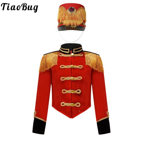 Bild von Jungen Mädchen Trommel Major Team Uniform Nussknacker Kostüm Set Blaskapelle Quaste Jacke Mantel Hut Outfits für Schlagzeuger Leistung