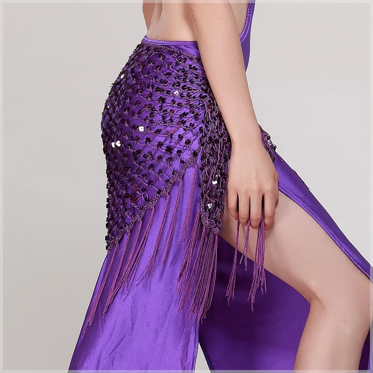 Image of Hand-Crocheted Belly Dance Hip Scarf with 12 Vibrant Colors, Long Tassels & Sequins – Elastic Stretch Belt for Women & Girls