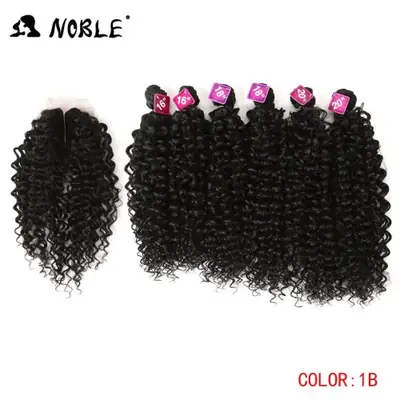 Image de Cheveux Synthétiques Afro Crépus 16-20 pouces - Lot de 7 Pièces avec Fermeture Dentelle
