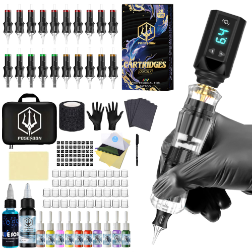 Immagine di Kit Tatuaggio Poseidon V5 Completo con Penna Professionale per Trucco Permanente e Macchina Tatuaggio Trasparente con Alimentatore Incluso