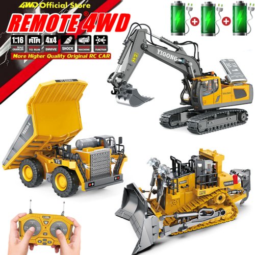 Image of 4WD Remote Control Excavator 4x4 Alloy Dump Truck Bulldozer Radio Model RC Car Construction Vehicle Toy Children Kids Gifts