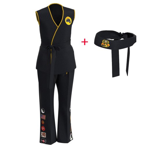 Imagen de Disfraz de Karate KOF Cobra Kai para niños y adultos, uniforme tipo kimono blanco y negro, diadema, traje de fiesta de Halloween de Anime, chándal