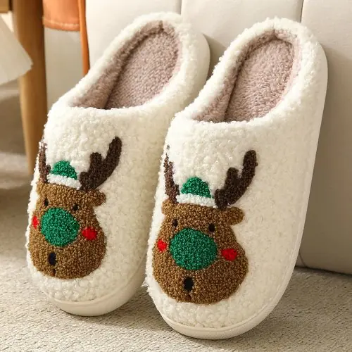 Image de Pantoufles de Noël Mignonnes - Père Noël & Renne Peluche