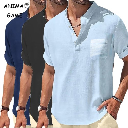 Afbeelding van Nieuwe heren korte mouw ademende T-shirts zomer effen kleur basic pocket shirts voor mannen oversized half knop linnen streetwear