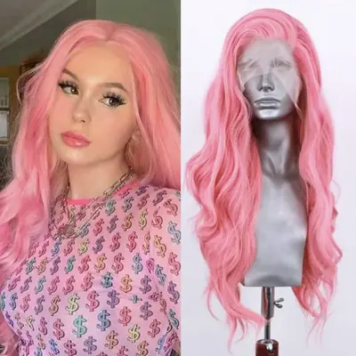 Image de Perruque Rose Pastel Ondulée - Lace Front Synthétique Résistante à la Chaleur
