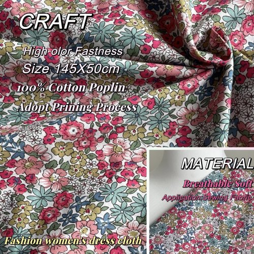 Imagen de Tela de algodón puro 100% con estampado digital de plantas y flores rosas, ideal para confeccionar vestidos y faldas elegantes y naturales