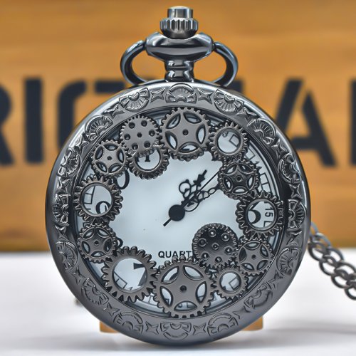 Bild von Schwarzes hohles Getriebe geschnitzt Quarz Taschenuhr Halskette Anhänger Uhr Kette Männer Frauen Memorial Geschenk