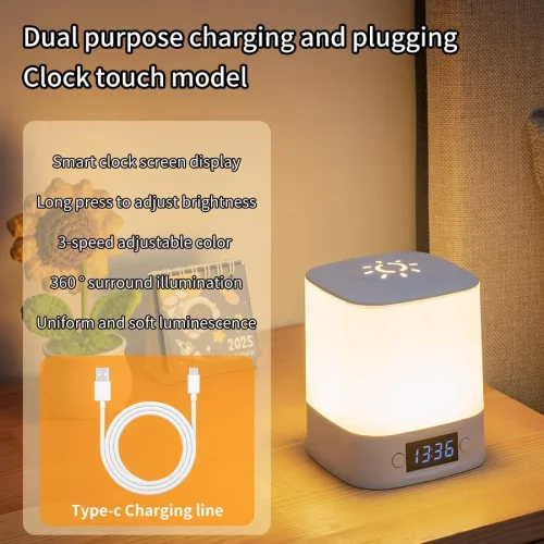 Zdjęcie Ładowalna lampka nocna LED z wyświetlaczem czasu, zasilana przez USB, regulowana jasność, lampka noc...