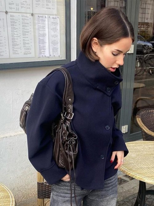 Imagen de Abrigo de Lana Corto con Cuello Levantado para Mujer, Chaqueta de Manga Larga con Botones, Estilo Urbano y Elegante para Oficina 2024