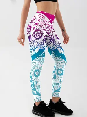 Image de Legging Fitness Femme Imprimé Crâne Coloré - Style Sexy & Sportif