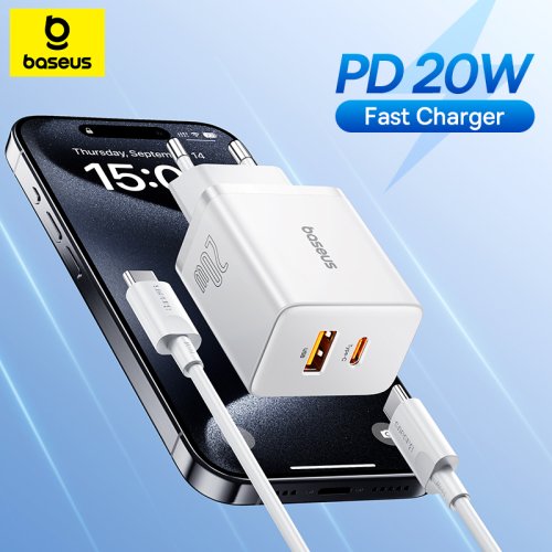 Afbeelding van Baseus 20W USB Oplader met Dubbele Oplaadpoort, Type-C PD Snel Opladen voor iPhone 15, 14, 13, 12 Pro Max, 11, 8 Plus en Andere Smartphones