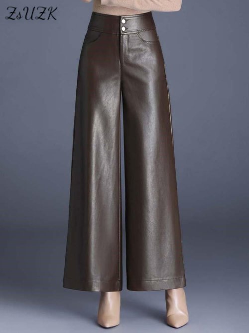 Immagine di ZUZK Pantaloni a gamba larga in pelle PU da donna di alta qualità Autunno Inverno Moda Pantaloni lunghi caldi in pelle Pantaloni eleganti in pelle