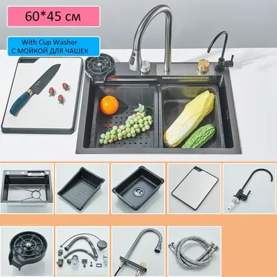Image de Évier de Cuisine Cascade avec Robinet Numérique et Distributeur de Savon