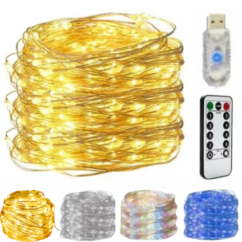 Imagen de Guirnalda de Luces LED con Cable Plateado USB de 2, 5, 10, 20 y 30 Metros - 8 Modos de Iluminación con Control Remoto para Decoración Navideña y Dormitorio