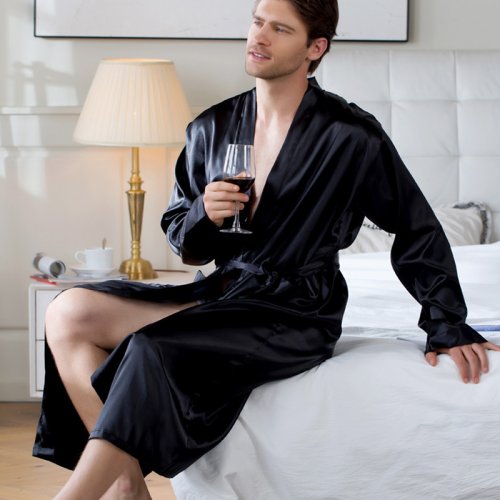 Image of Luxurious Plus Size 3XL Men's Long Satin Bathrobe – Black Bridegroom Wedding Robe for Spring and Summer, Comfortable Loose-Fit Sleepwear & Nightwear for Home Use