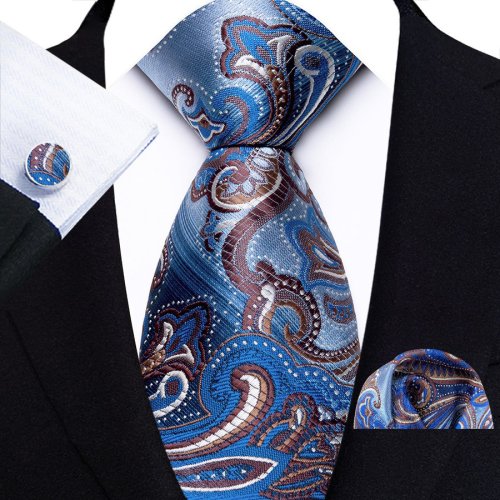 Immagine di Set Cravatta Uomo in Seta Classica con Motivo Cachemire, Fazzoletto da Taschino e Gemelli - Cravatta Floreale a Righe per Occasioni Formali, Matrimonio e Ufficio