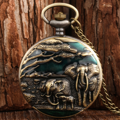 Bild von Vintage Bronzefarbene Taschenuhr mit Lebendiger Elefant-Gravur, Arabische Inschrift, Quarzwerk, Großes Design, Ideal als Geschenk für Männer und Frauen – Pulloverkette mit Anhänger