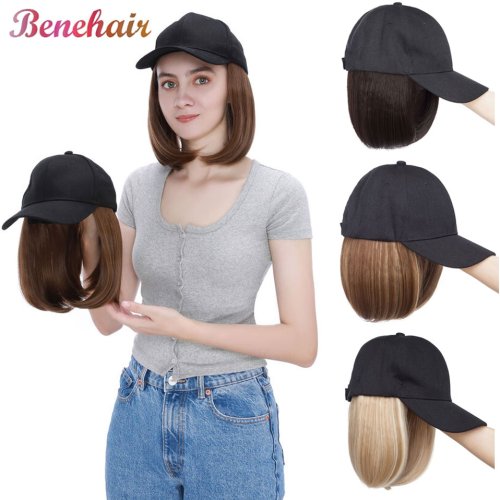 Bild von Baseballkappe mit synthetischen Haarverlängerungen für Damen – verstellbarer Hut mit kurzem, glattem Haarteil als Ersatzperücke für Mädchen und Frauen