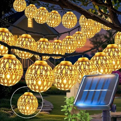 Image of Outdoor Solar Moroccan Ball String Lights with 50/30/20 LED Fairy Lights, 8 Modes for Garden, Fence, Christmas, Party, and Holiday Decor