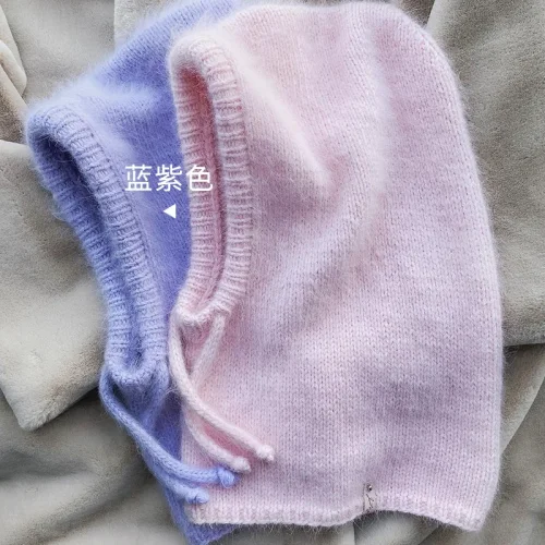 Image of Y2K Imitation Mink Balaclava Beanies Hat for Women Winter Warm Scarf and Neck Protection with Drawstring Knitted Gorras