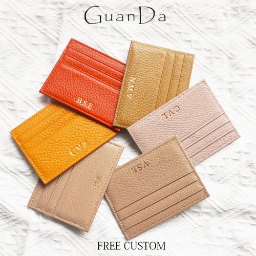Imagen de Tarjetero de piel de vaca con logotipo personalizado de la empresa, Mini tarjetero ajustado a la moda para hombre y mujer, bolso informal de lujo con nombre grabado de cuero genuino