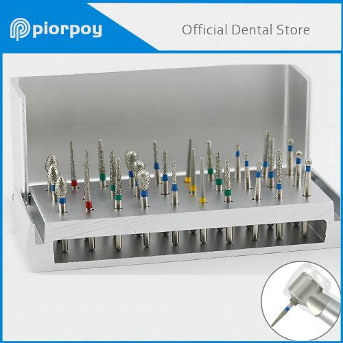 Imagen de Juego de 30 Fresas de Diamante para Pulido Dental con Bloque de Soporte de Aluminio Desinfectable - Herramientas Profesionales para Laboratorio Odontológico