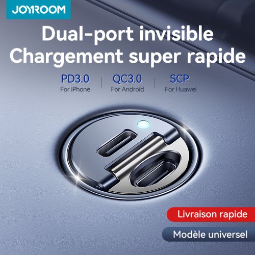 Image of Joyroom 30W Pull Ring Car Charger with Dual USB-C Fast Charging Ports – Compact PD & QC 3.0 Car Adapter for Smartphones, Tablets, and More