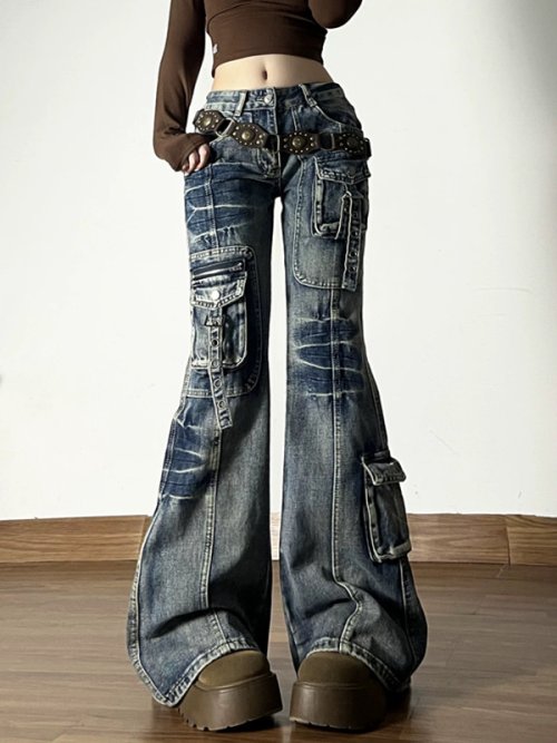 Imagen de Pantalones Vaqueros Mujer Estilo Y2K Vintage Americano, Modelo Acampanado con Múltiples Bolsillos, Diseño Punk Informal y Corte Largo