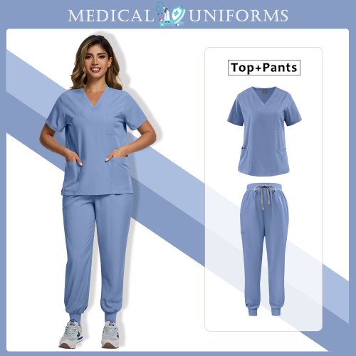 Afbeelding van Medische Kleding Vrouwen Elastisch Sneldrogend Arts Verpleegkundige Werkpak Effen Kleur V-hals Zakken Top + Broek Klinische Chirurgie Uniformen