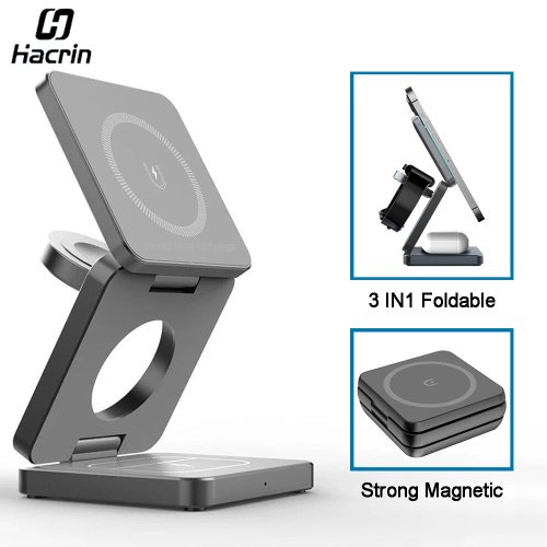 Image of 3-in-1 Foldable Magnetic Wireless Charging Station for iPhone 15, 14, 13, 12 Pro Max & Apple Watch 8/9 – Fast, Secure, Space-Saving Charging Hub