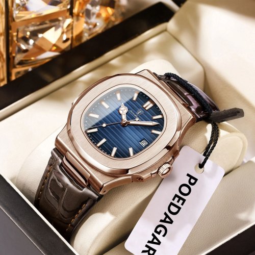 Immagine di Orologio da Uomo Classico in Pelle Luminosa con Data, Impermeabile e al Quarzo - Design Quadrato di Alta Qualità per Affari